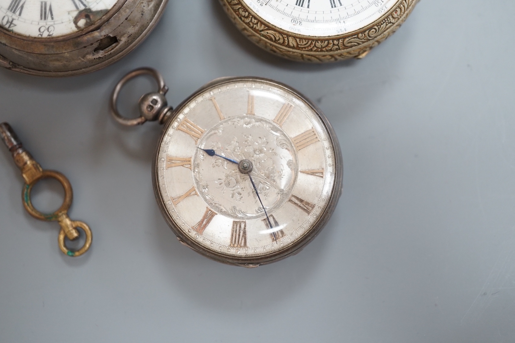An 18th century silver pair cased keywind verge pocket watch, by T. Moore, London (repair) and two other pocket including silver.
